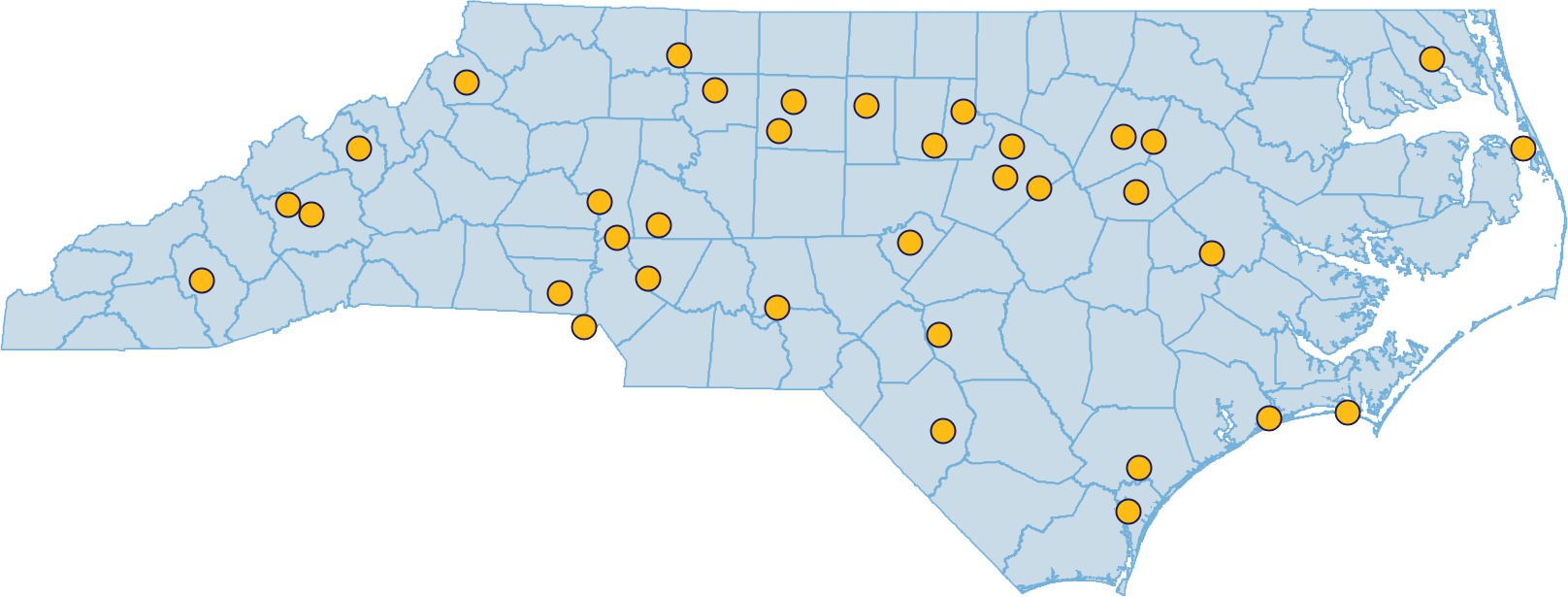 Map of North Carolina with 35 Statewide Star Party locations