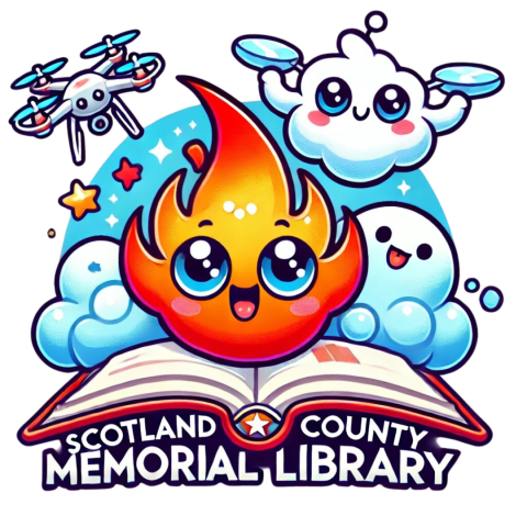 Scotland County Memorial Library logo with fire, bubble, cloud, and drone creatures on a book