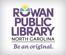 Trademark logo for Rowan Public Library, North Carolina featuring image of the sun shining out of an open book, tag line 