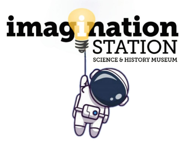 Imagination Station logo with astronaut holding onto lightbulb