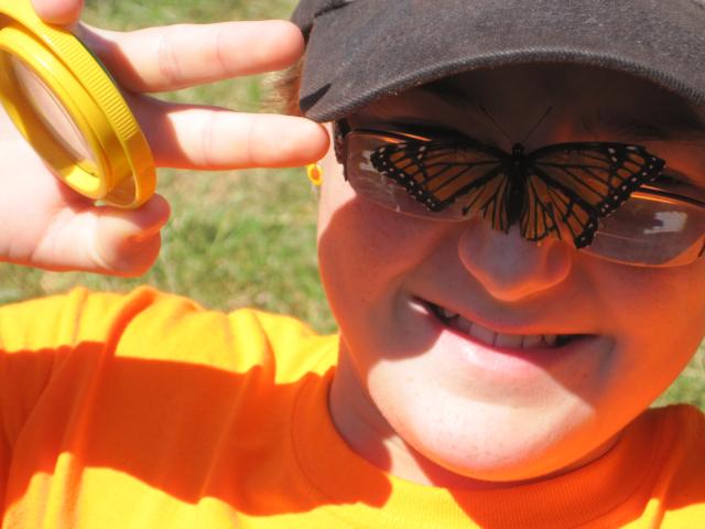 an orange and black monarch butterfly on a smiling boy's glasses