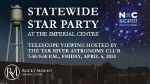 Statewide Star Party at the Imperial Centre  7:30 to 9:30 p.m., Friday, April 5, 2024 For more info call (252) 972-1266