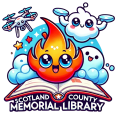 Scotland County Memorial Library logo with fire, bubble, cloud, and drone creatures on a book