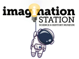 Imagination Station logo. The "i" after the "g" in "imagination" is a lightbulb with an astronaut hanging from it.