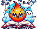 Scotland County Memorial Library logo with fire, bubble, cloud, and drone creatures on a book