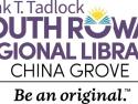Trademark logo for Frank T. Tadlock South Rowan Regional Library China Grove underscored with the county motto "Be An Original" including an image of the Sun shining out from an open book.